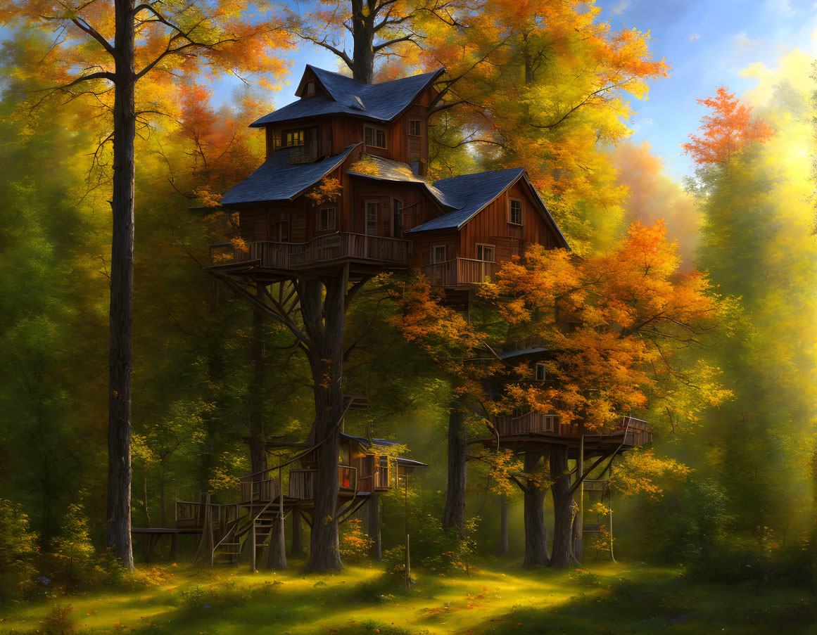 Autumnal treehouse surrounded by vibrant trees in warm sunlight