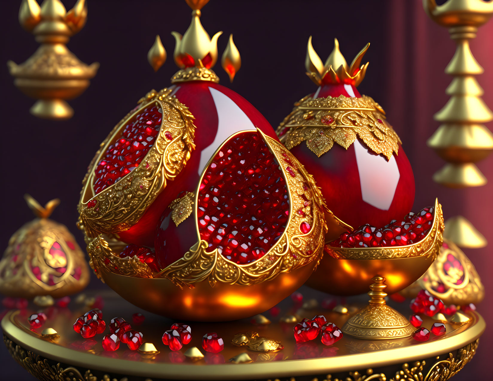 Exquisite red and gold Fabergé eggs on ornate golden tray