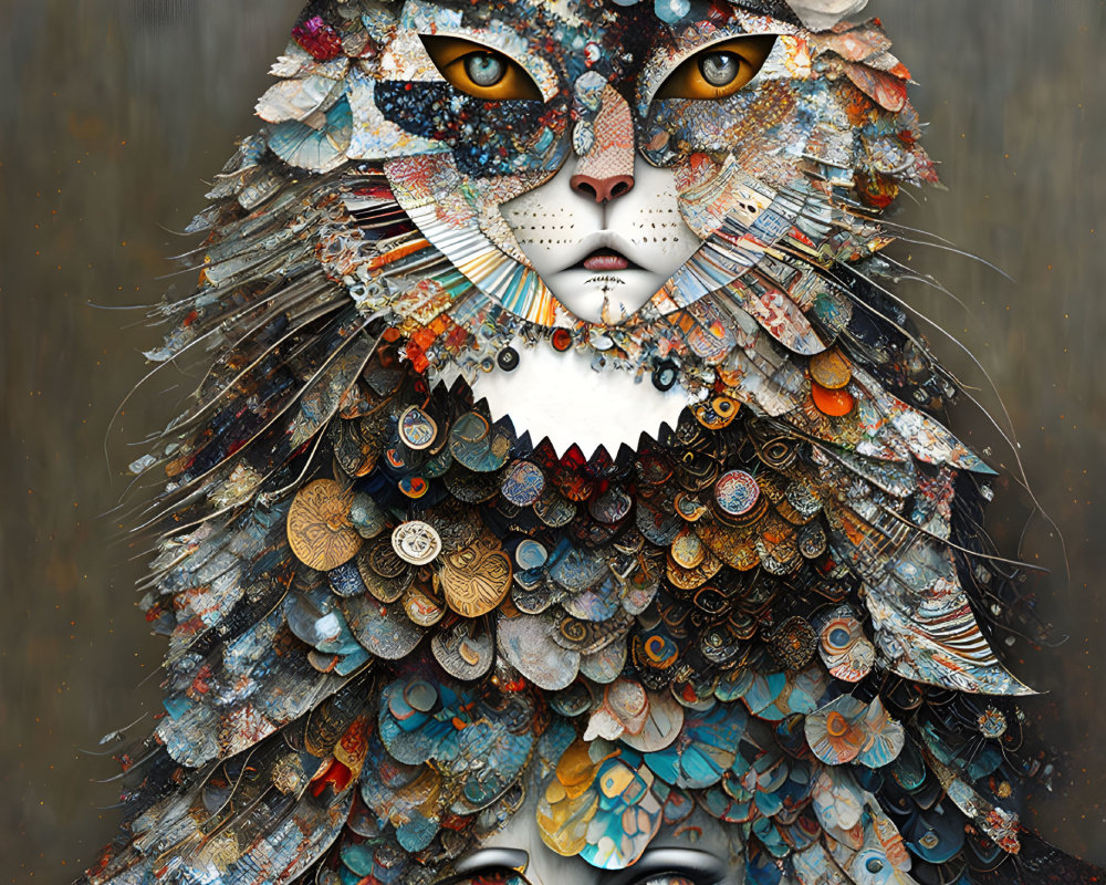 Detailed Artwork: Majestic Cat with Textured Fur and Surreal Butterfly Face