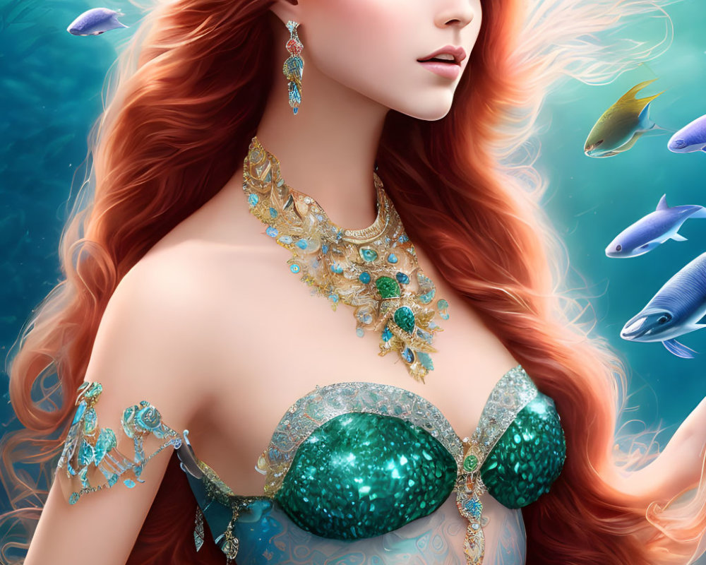 Mermaid Digital Illustration with Red Hair and Blue Eyes