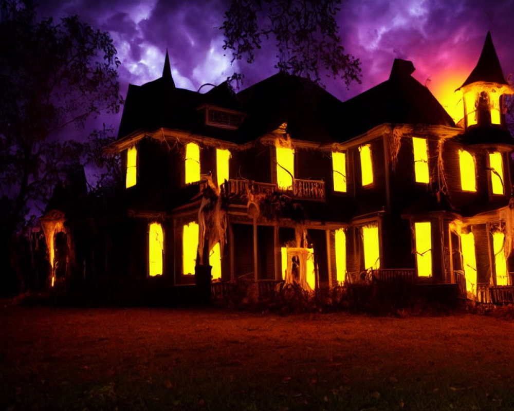 Spooky Victorian-style house at night with purple sky