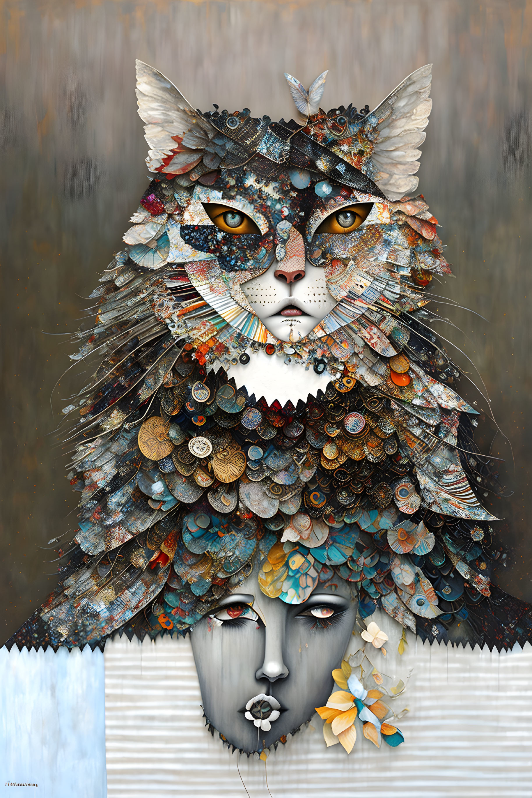 Detailed Artwork: Majestic Cat with Textured Fur and Surreal Butterfly Face