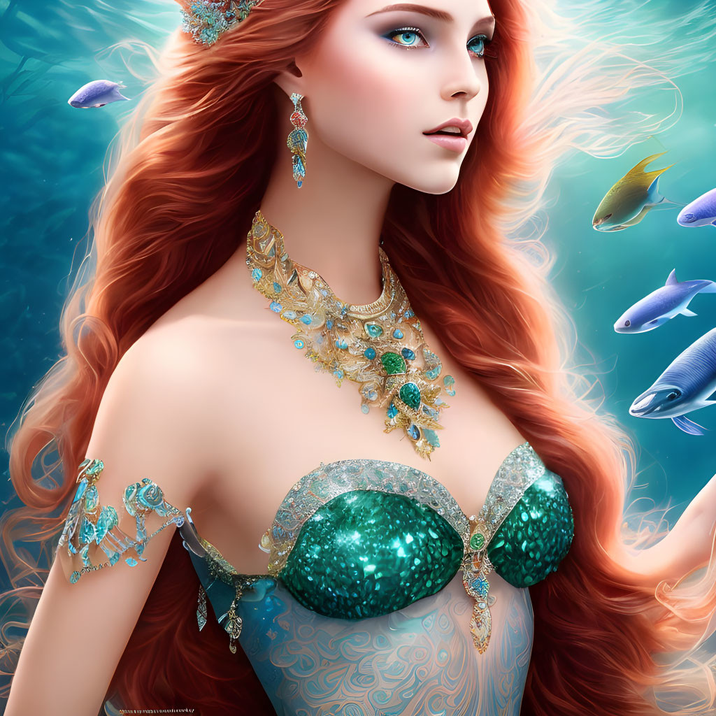 Mermaid Digital Illustration with Red Hair and Blue Eyes
