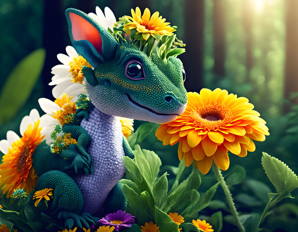 Vibrant green dragon with floral crown in sunlit forest