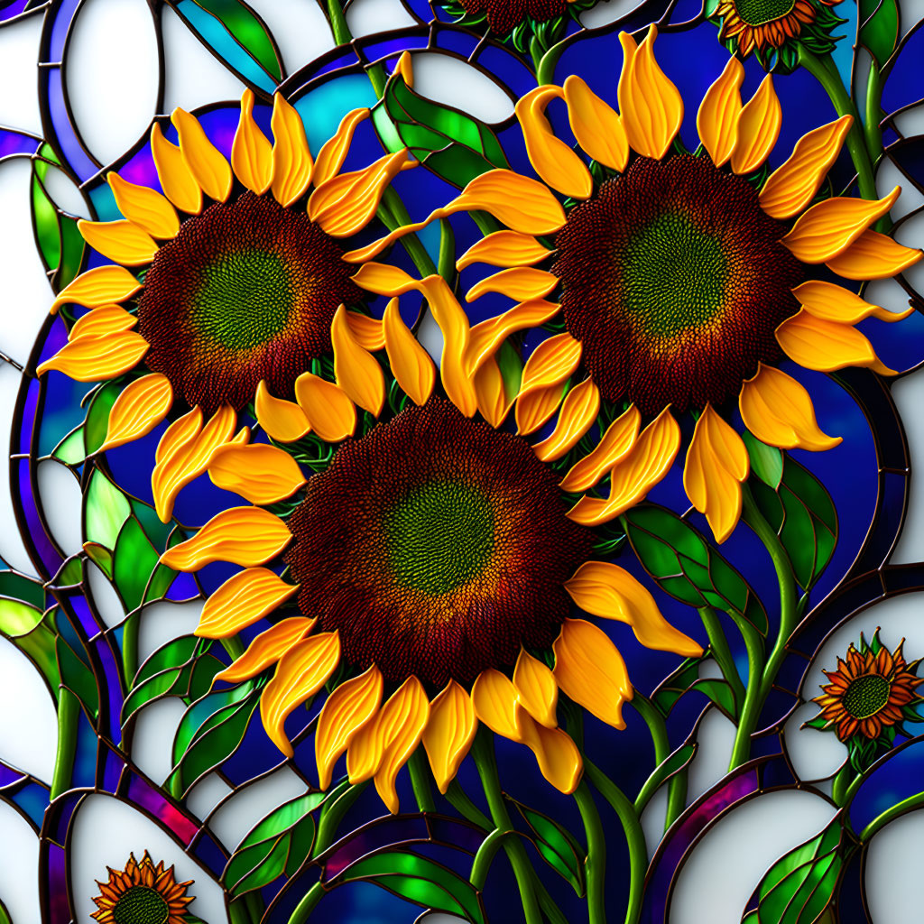 Colorful sunflower stained glass illustration on blue background