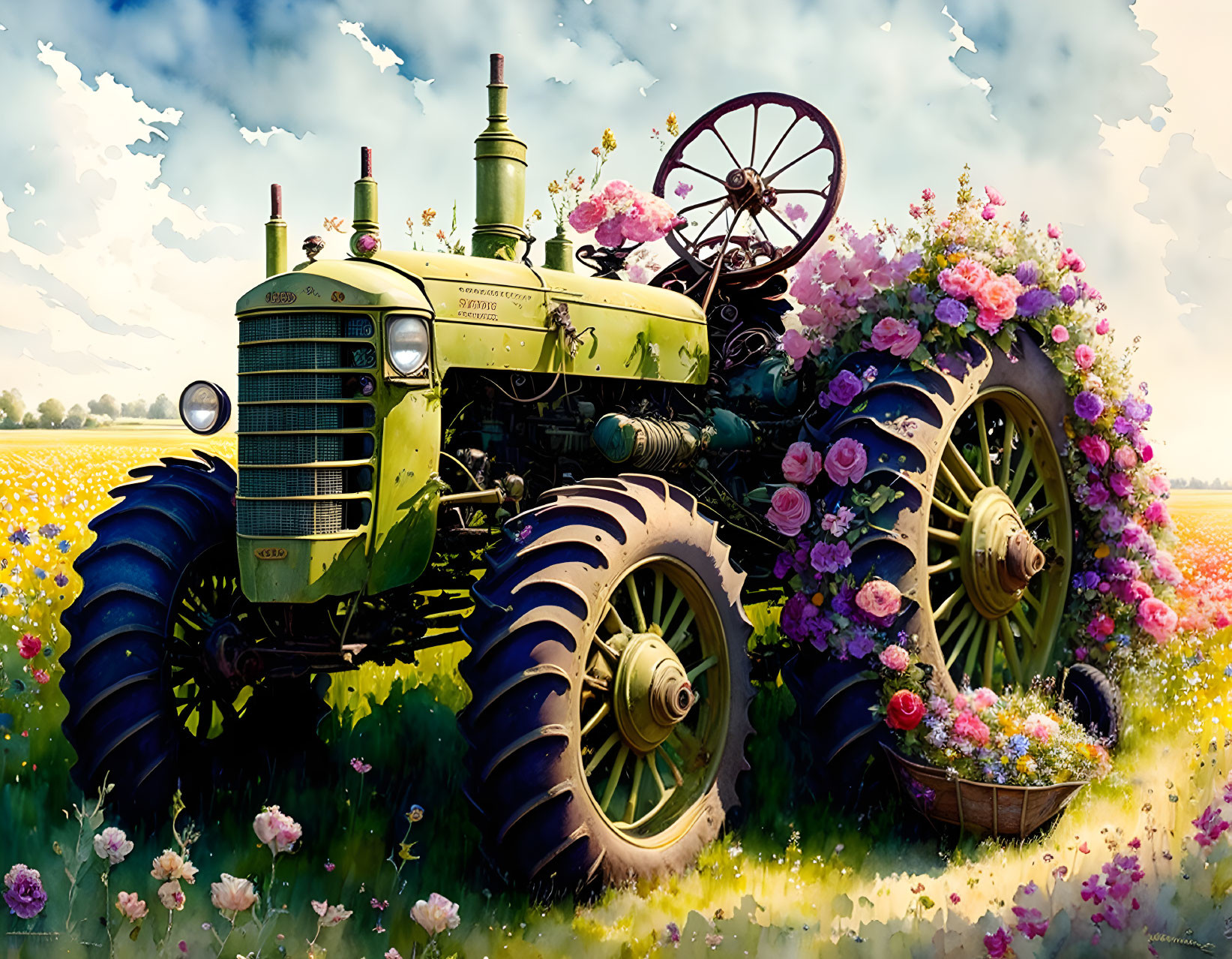 Old Green Tractor in Vibrant Flower Field under Blue Sky
