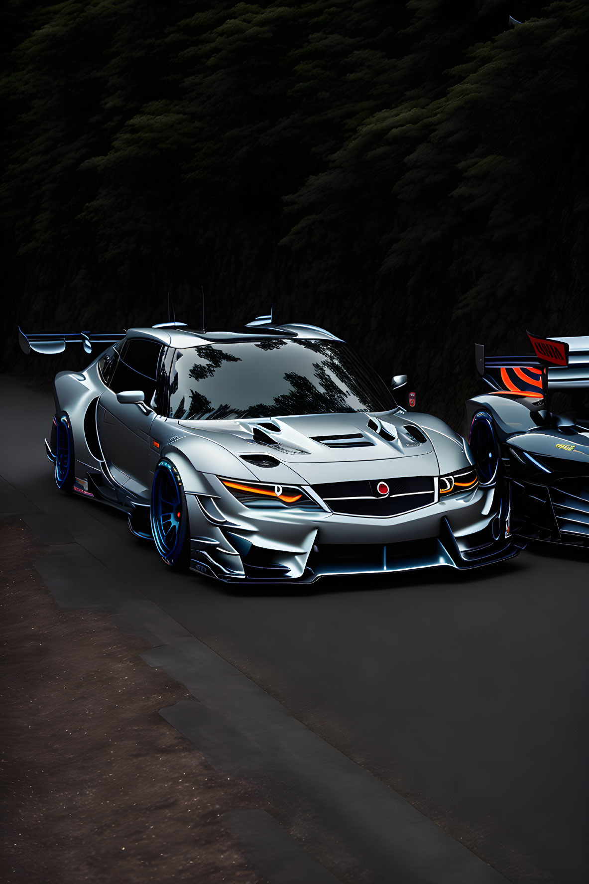 Custom aerodynamic white sports car with blue accents parked on a shaded road alongside other modified vehicles