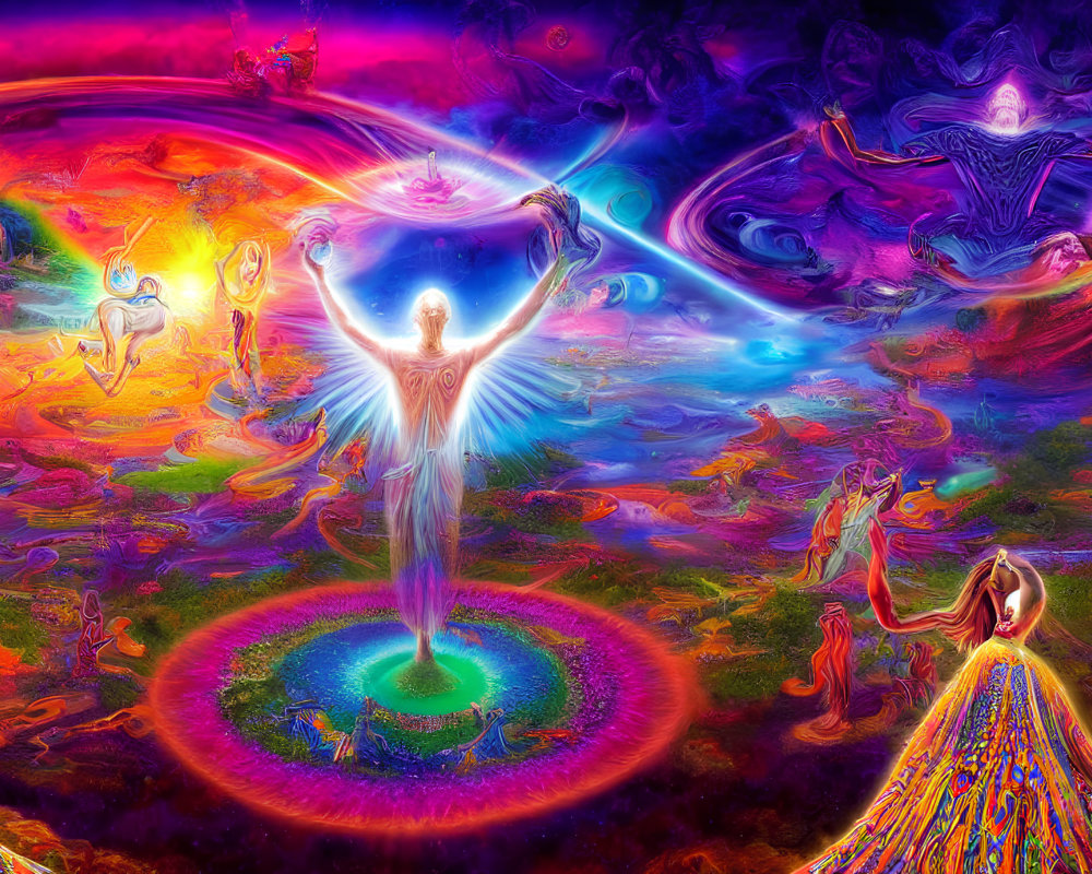 Colorful Psychedelic Artwork with Radiant Human Figure Among Cosmic Shapes