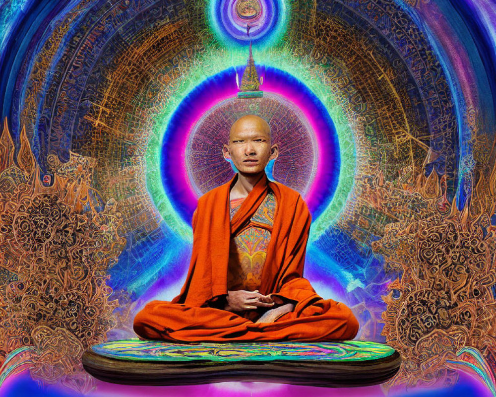 Monk meditating in lotus position among vibrant psychedelic patterns