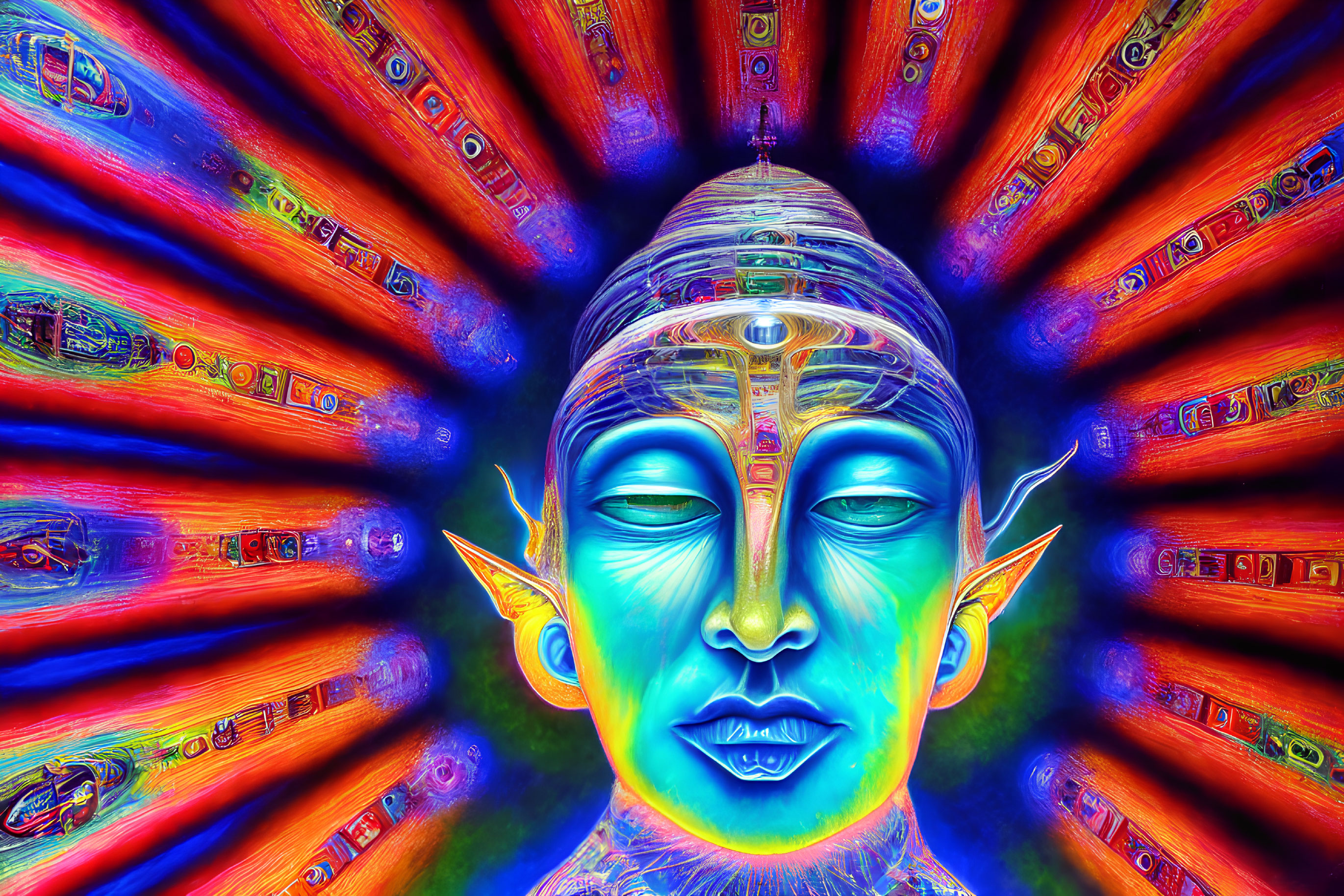 Colorful Buddha Face Artwork with Radial Beams and Intricate Patterns