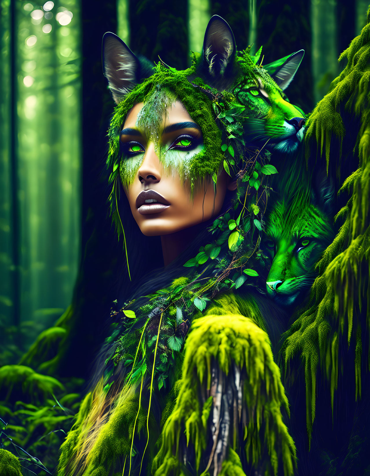 Mystical woman with cat-like features in forest with green feline