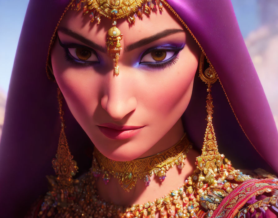 Animated female character in purple attire with intricate gold jewelry and headpiece on soft-focus background