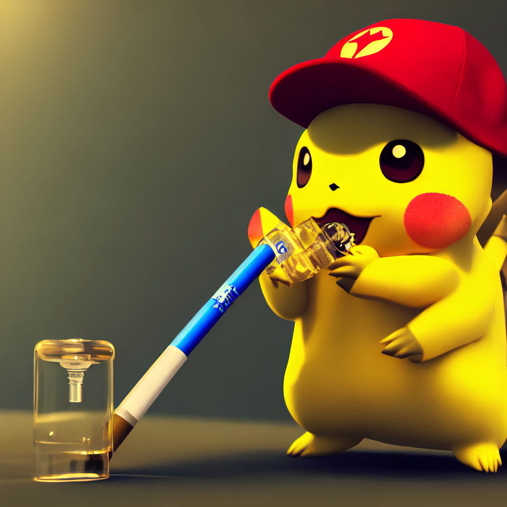 Yellow Pikachu with red cap holding pen and glass bottle on dark background