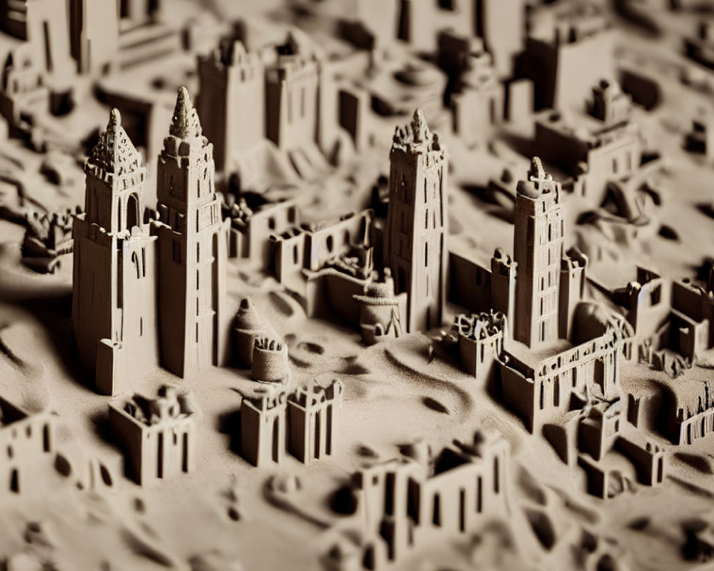 Detailed Miniature Cityscape with Carved Buildings and Towers on Sandy Background