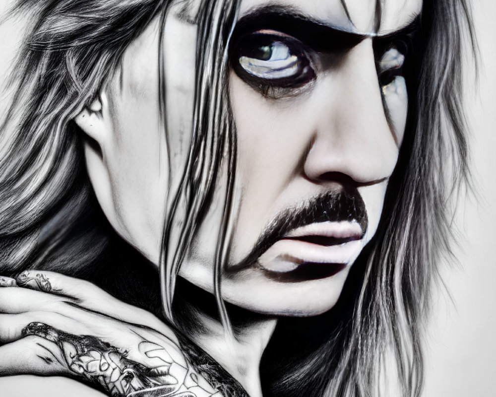 Stylized portrait of person with long hair, darkened eye, mustache, and tattoos