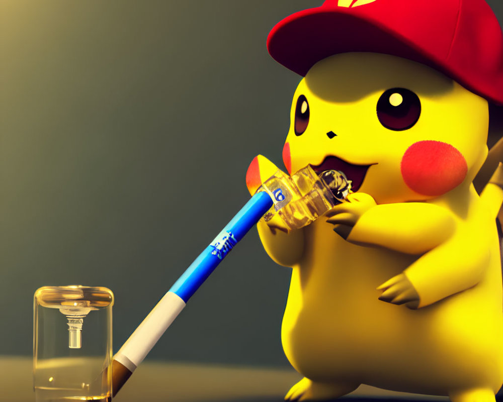 Yellow Pikachu with red cap holding pen and glass bottle on dark background