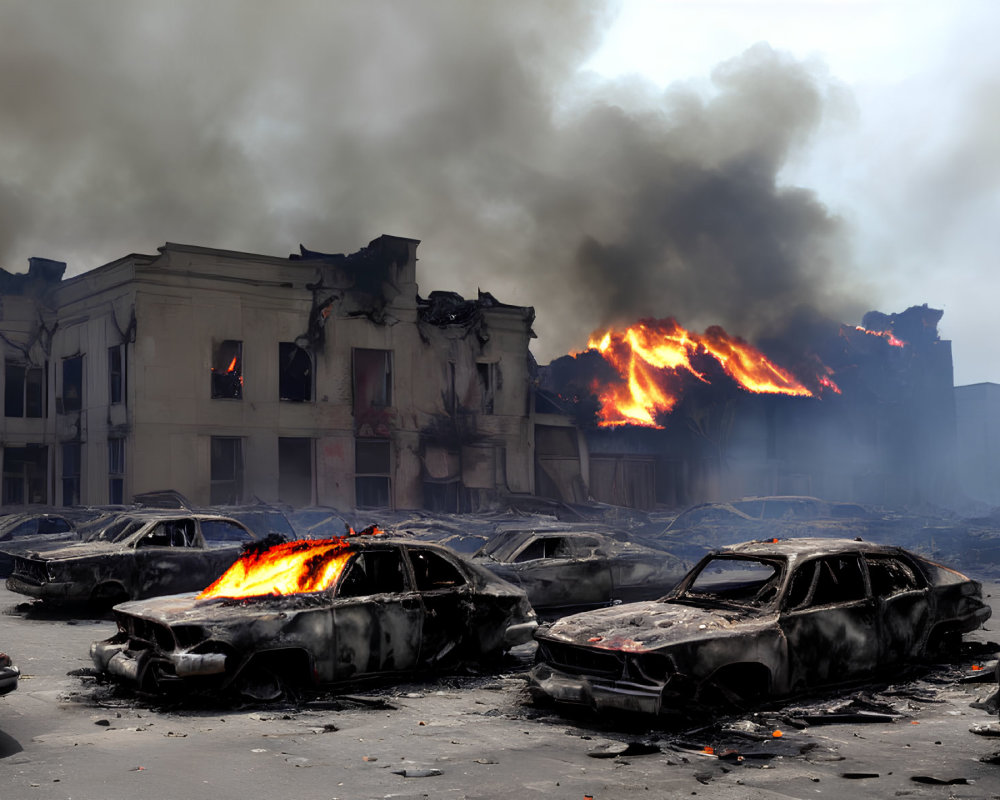 Scene of destruction: burnt-out cars and buildings in flames, thick black smoke.