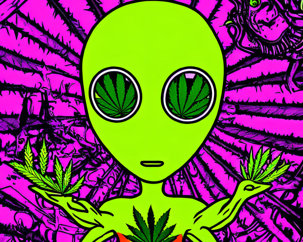 Colorful Graphic: Green Alien with Marijuana Leaves on Psychedelic Pink Background