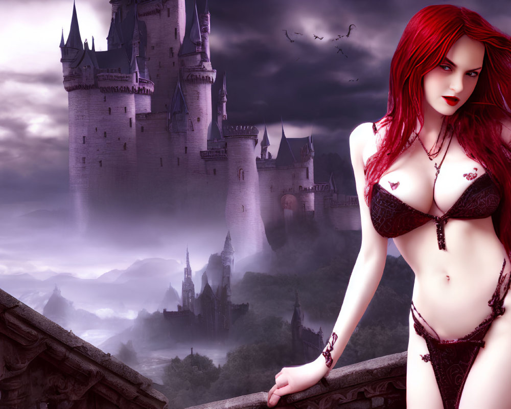 Fantasy red-haired female character in lingerie at misty gothic castle.