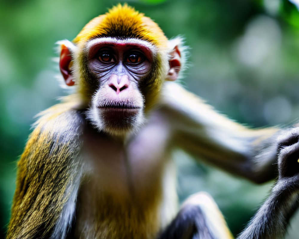 Colorful monkey with yellow fur and brown eyes in green forest.