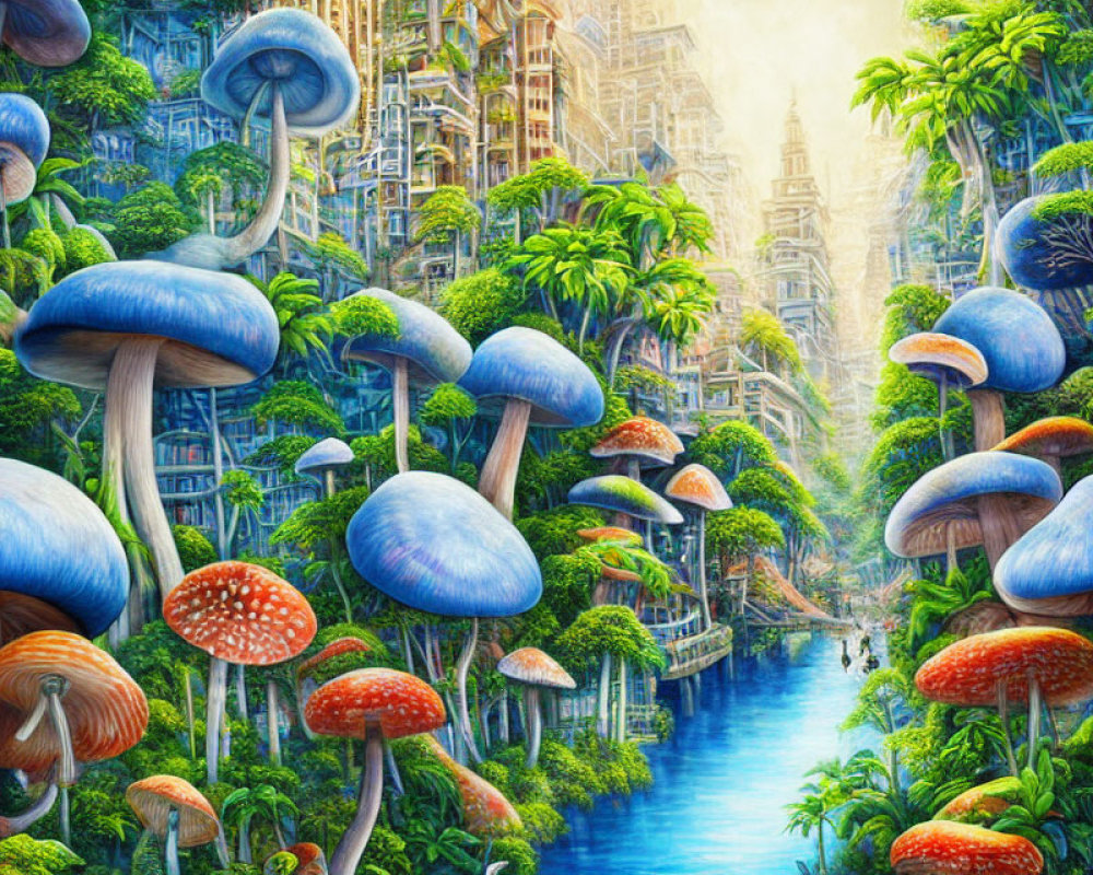 Fantasy landscape with oversized mushrooms, lush greenery, city merging with forest