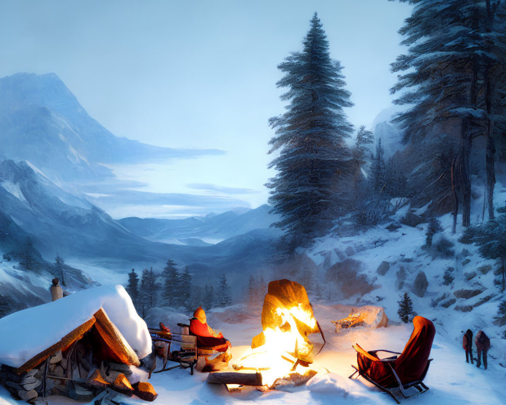 Snowy Mountain Scene at Dusk with Campfire, Log Cabin, and Frozen Lake