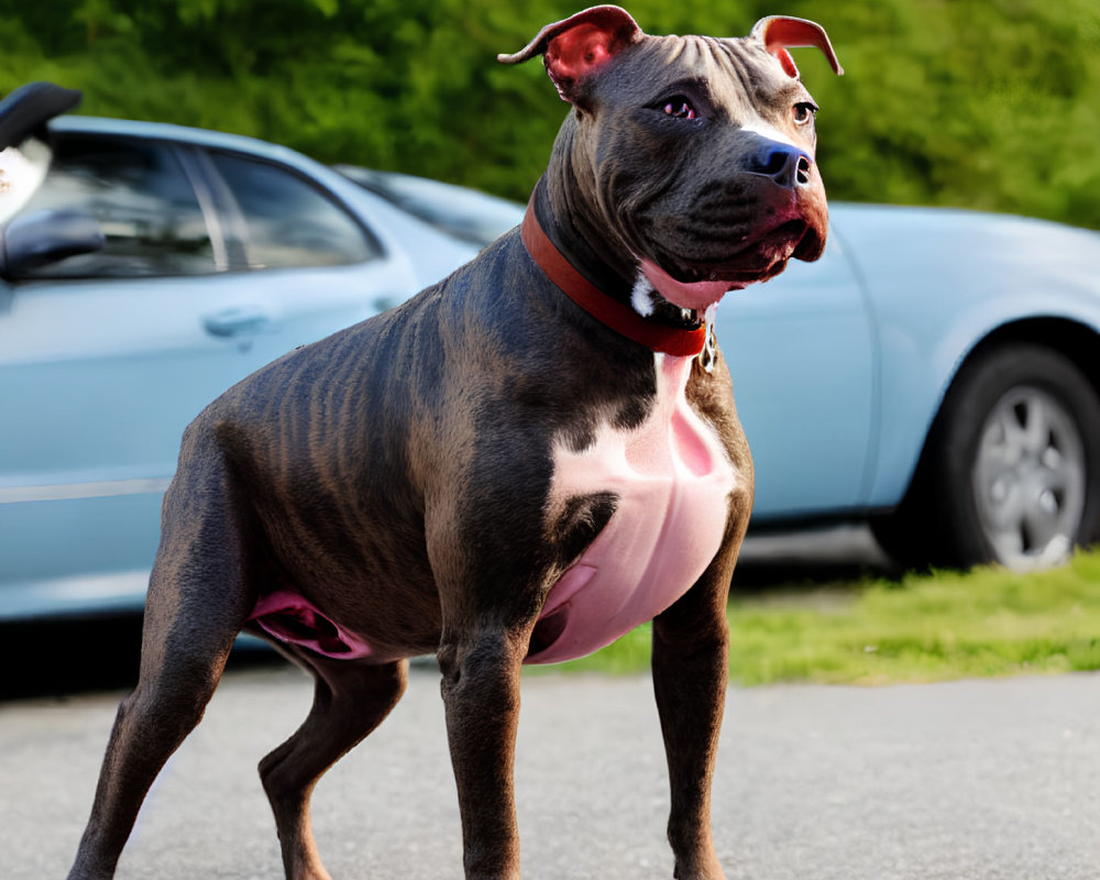 Brindle-coated dog with red collar on road with car in background