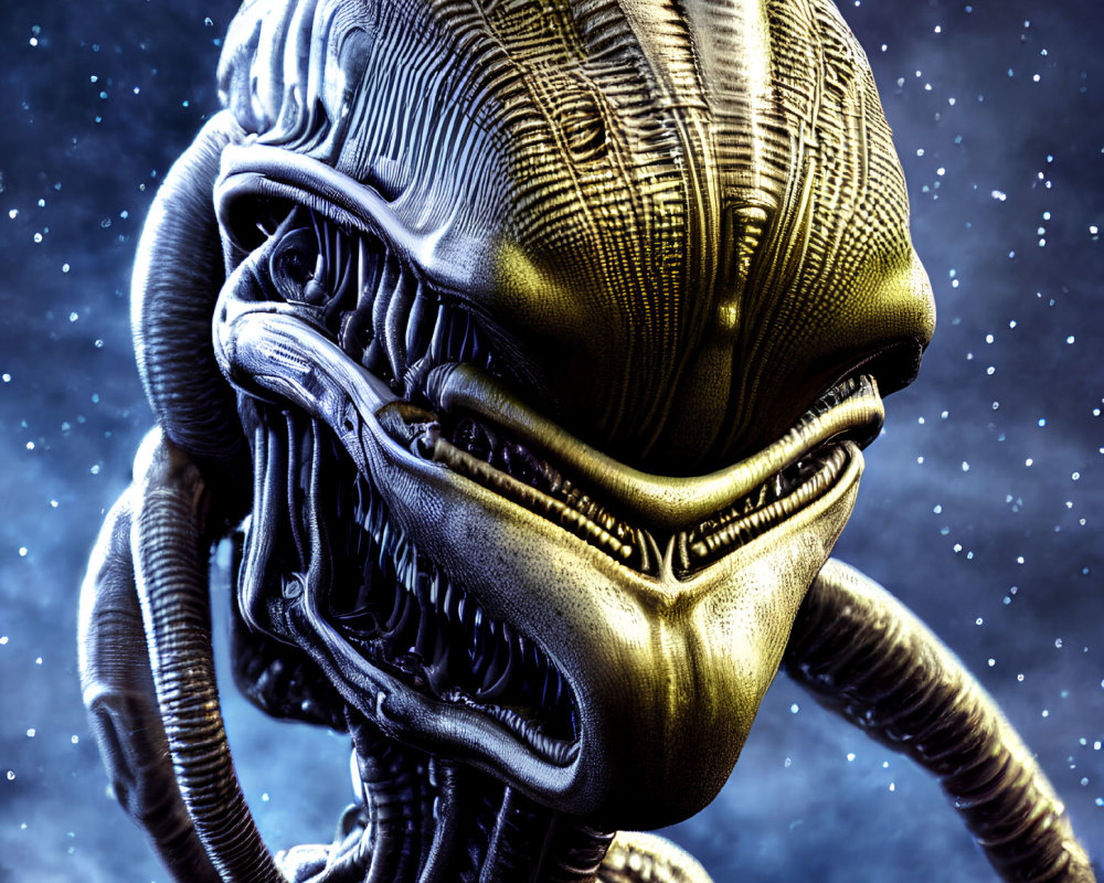 Detailed Alien Creature with Metallic Texture & Elongated Head in Space