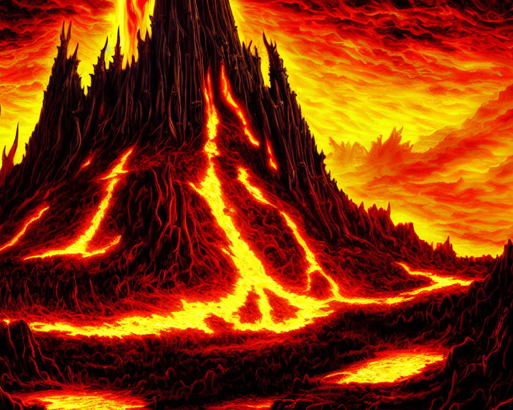 Digital Art: Hellish Landscape with Fiery Lava Flow & Volcanic Formations