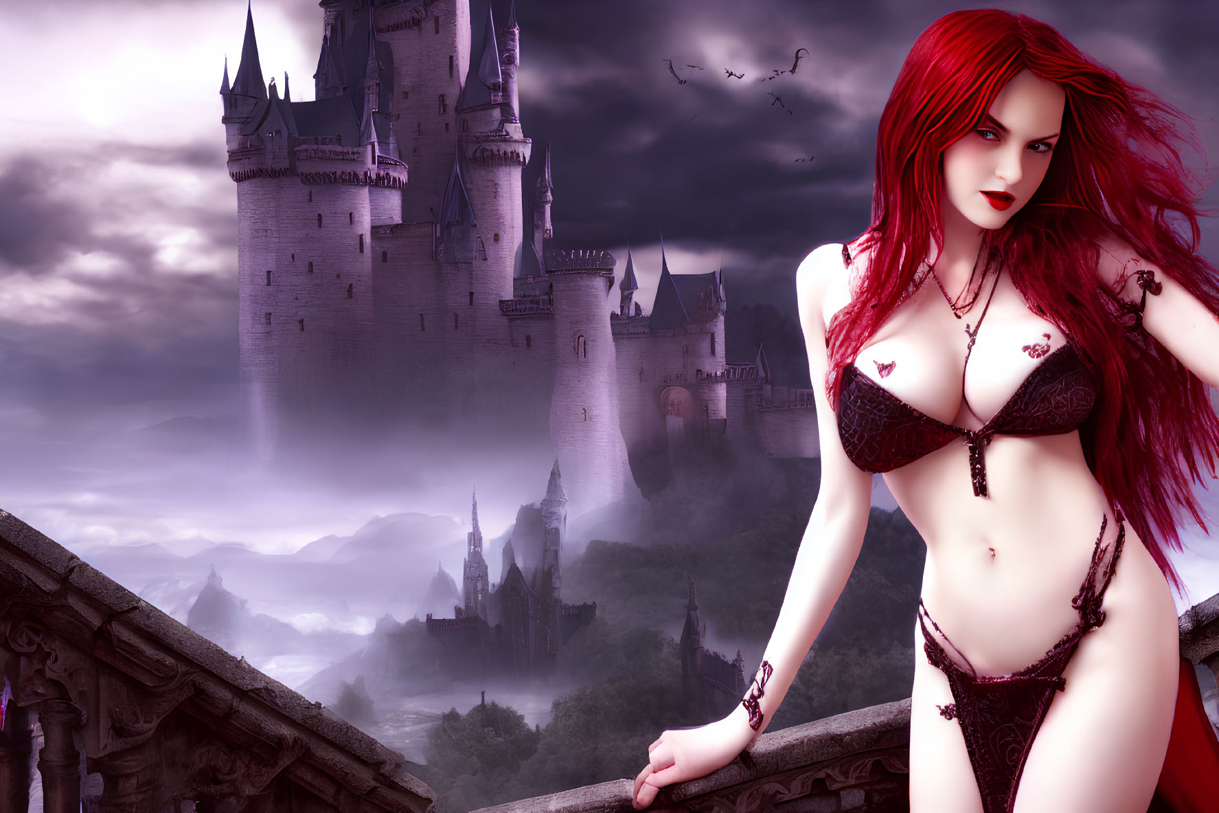 Fantasy red-haired female character in lingerie at misty gothic castle.