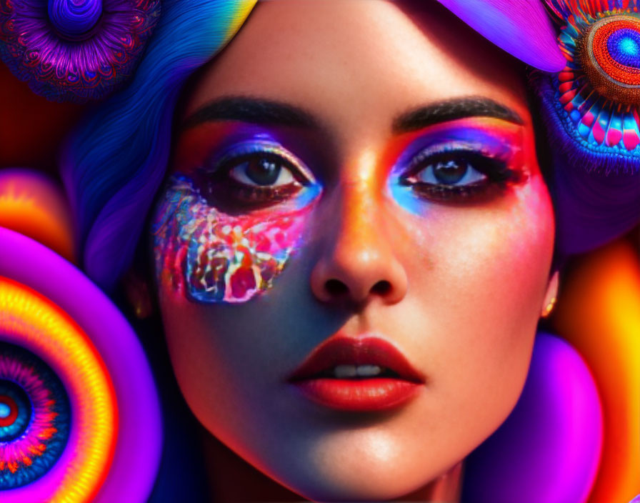 Colorful portrait of a woman with psychedelic makeup and abstract background