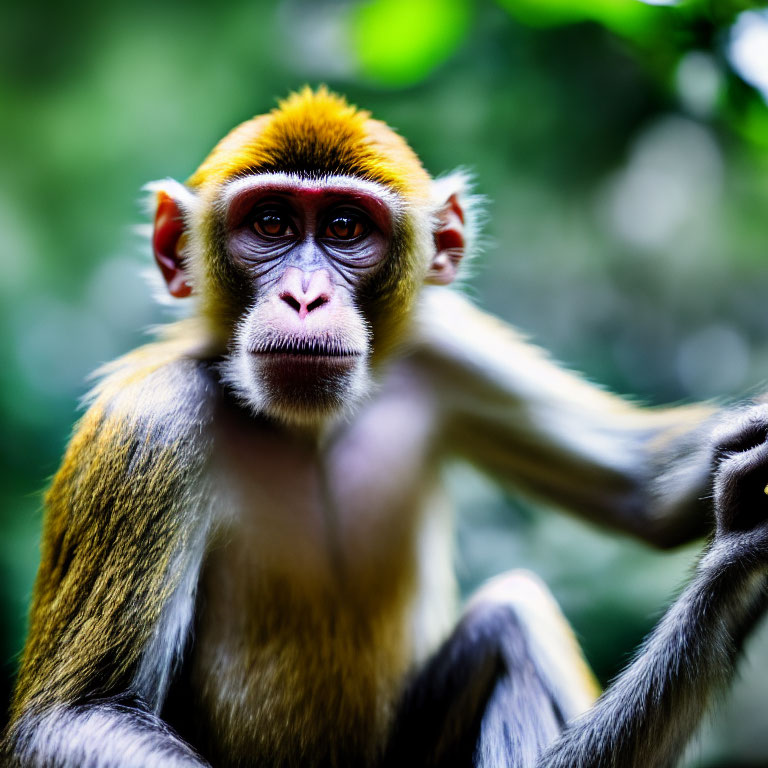 Colorful monkey with yellow fur and brown eyes in green forest.