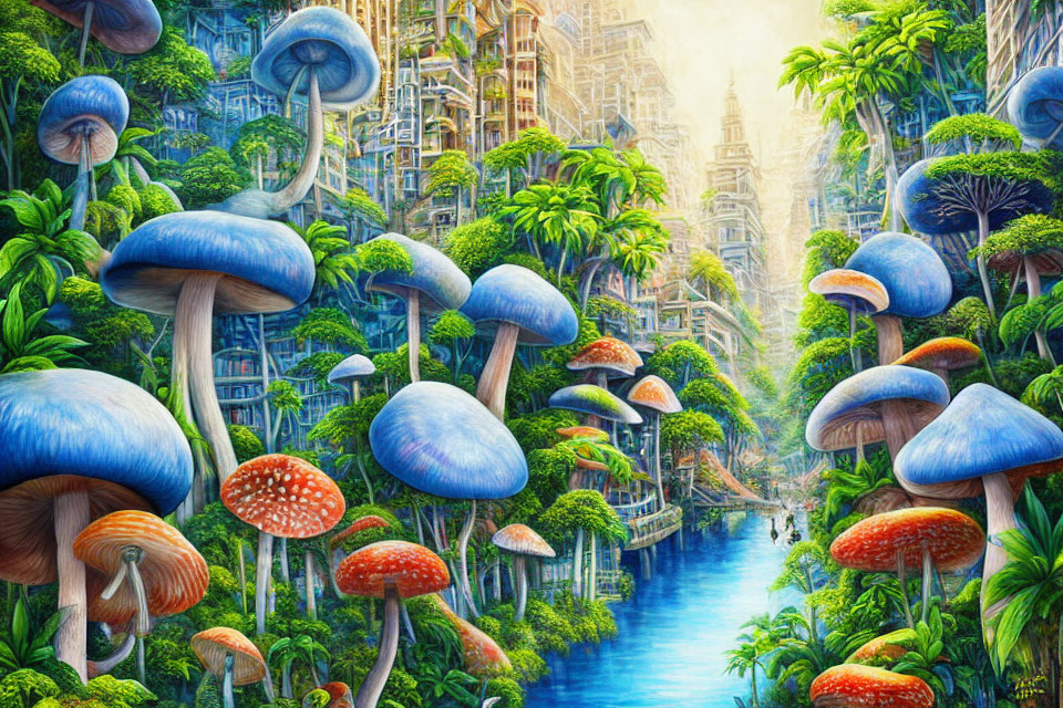 Fantasy landscape with oversized mushrooms, lush greenery, city merging with forest