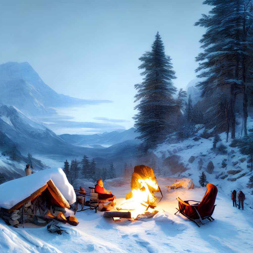 Snowy Mountain Scene at Dusk with Campfire, Log Cabin, and Frozen Lake