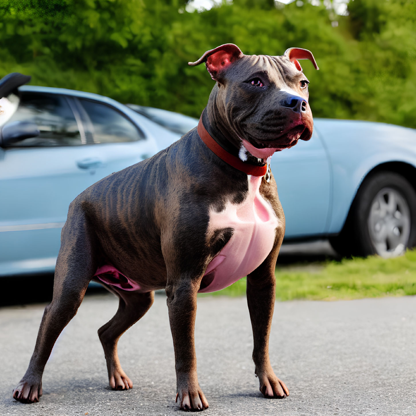 Brindle-coated dog with red collar on road with car in background