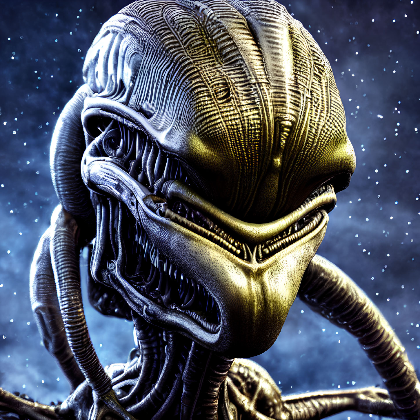 Detailed Alien Creature with Metallic Texture & Elongated Head in Space