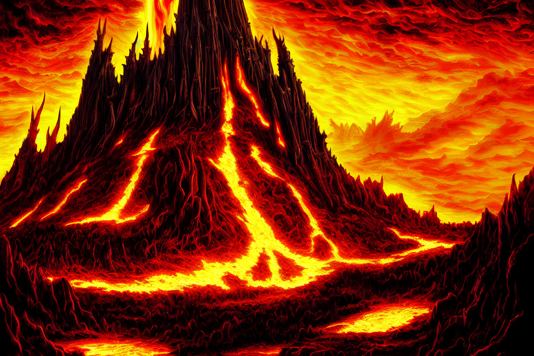 Digital Art: Hellish Landscape with Fiery Lava Flow & Volcanic Formations