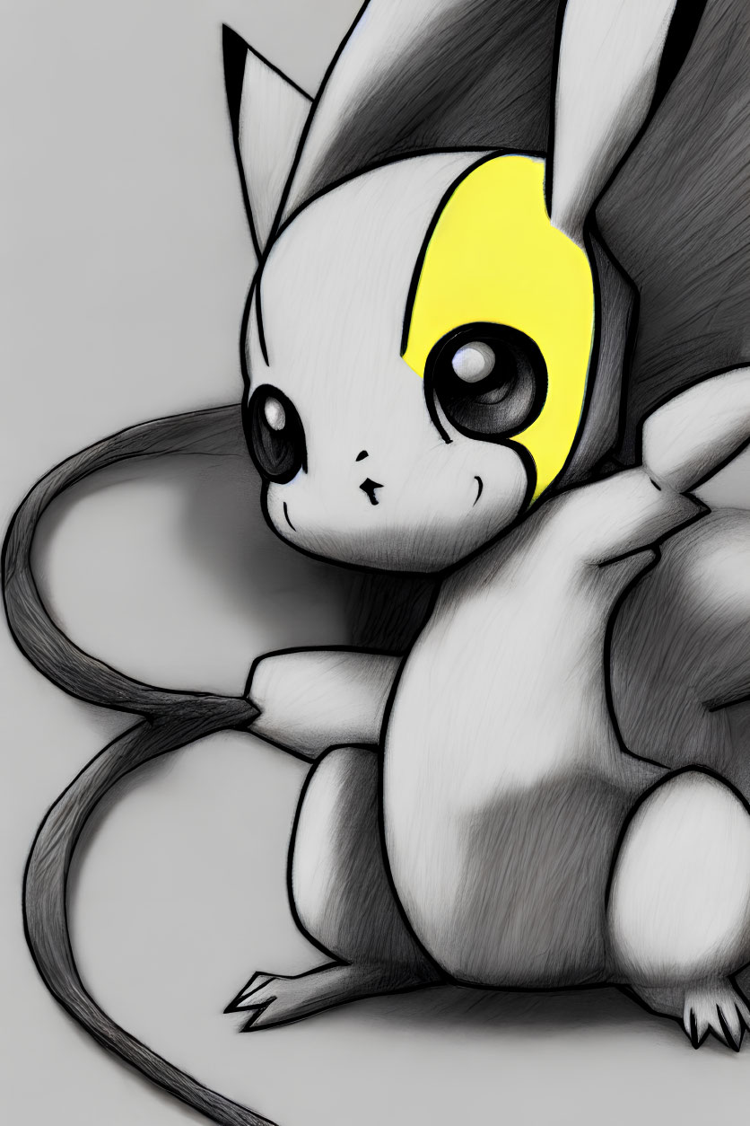 Monochrome Pikachu with Yellow Cheeks and Expressive Eyes