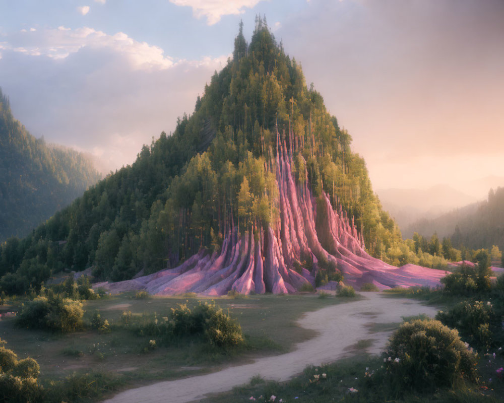 Colorful Tree Roots in Lush Hill Landscape under Pastel Sunset Sky