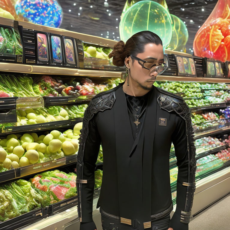 Man with bun and sunglasses in front of grocery store vegetable section with cosmic orbs.