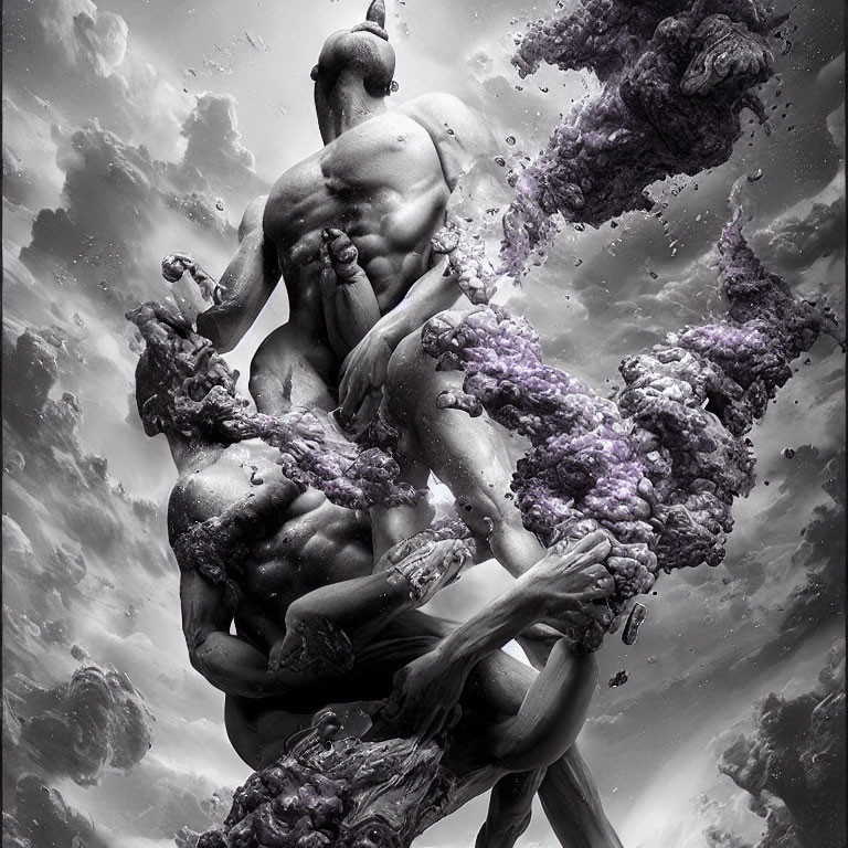 Muscular figure in rocky purple clouds under turbulent sky