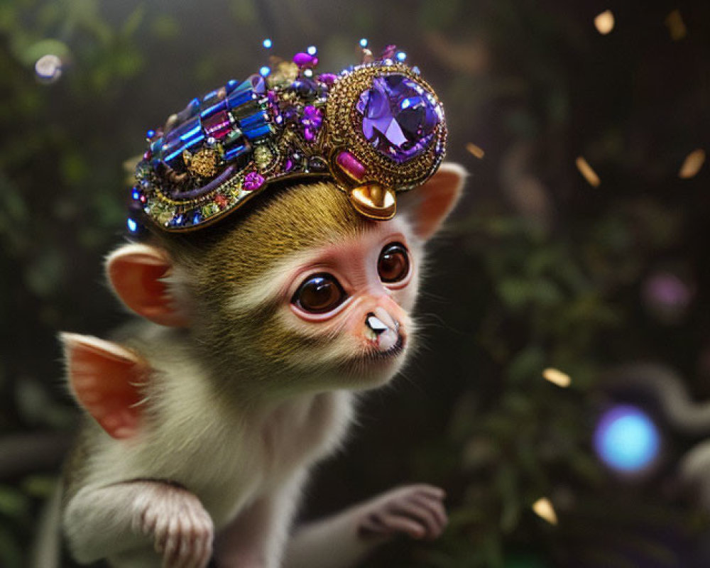 Small Monkey Wearing Crown in Luxurious Setting