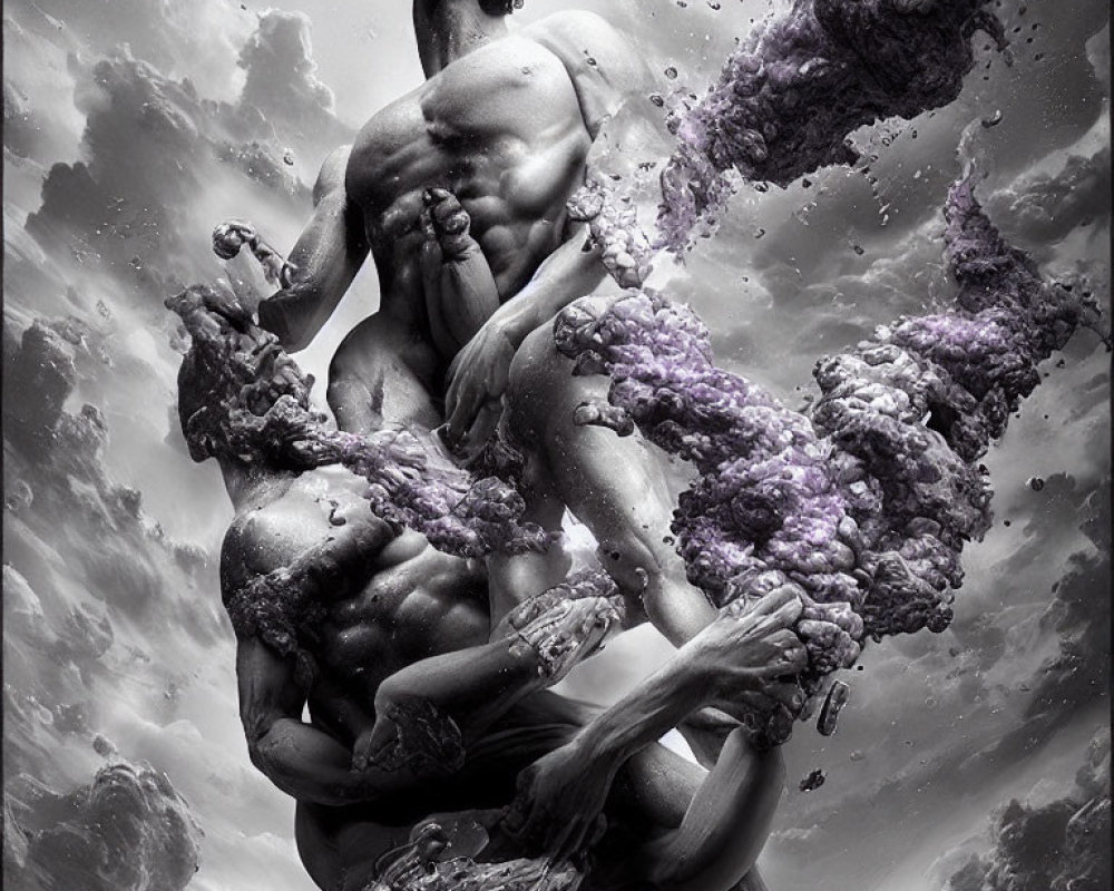 Muscular figure in rocky purple clouds under turbulent sky