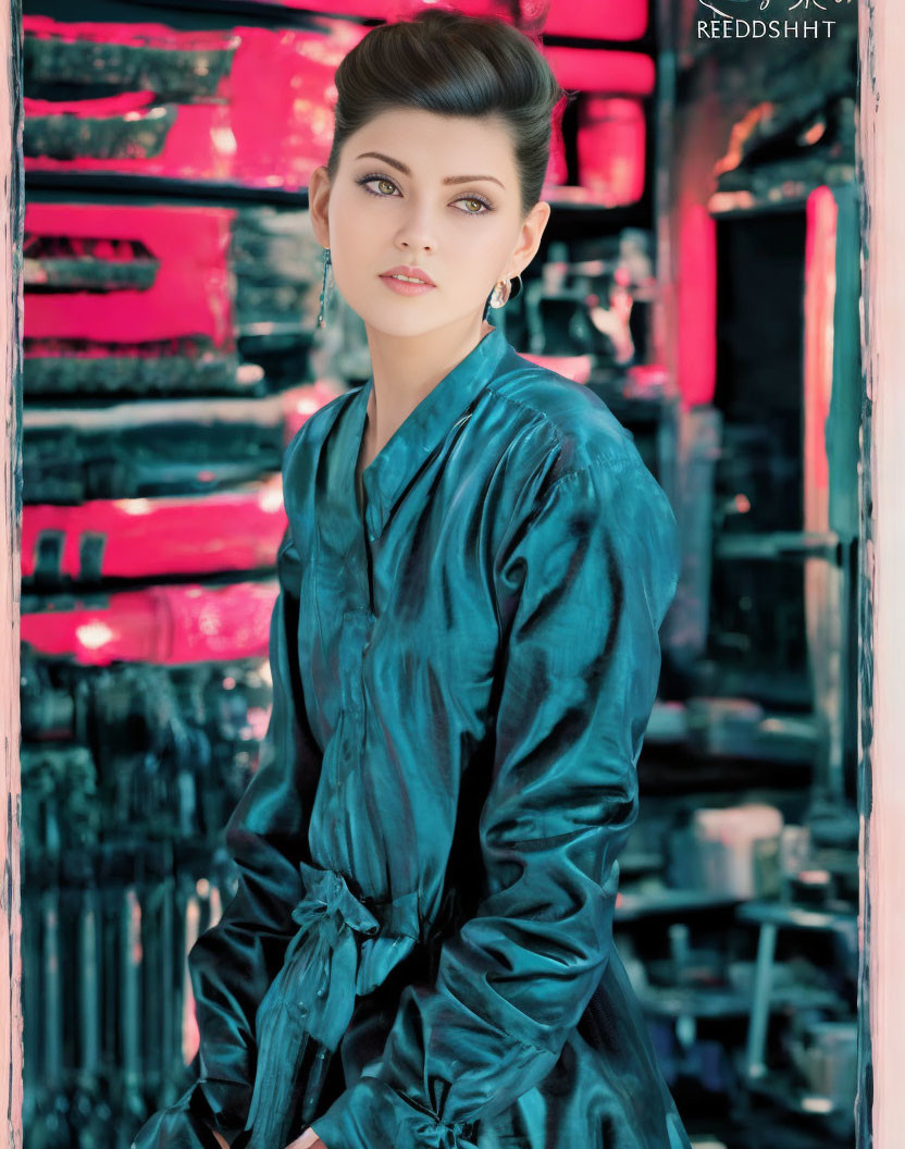 Elegant woman with updo in teal blouse against industrial backdrop