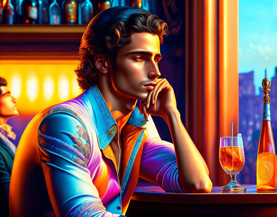 Curly-Haired Man Contemplating at Bar with City Views