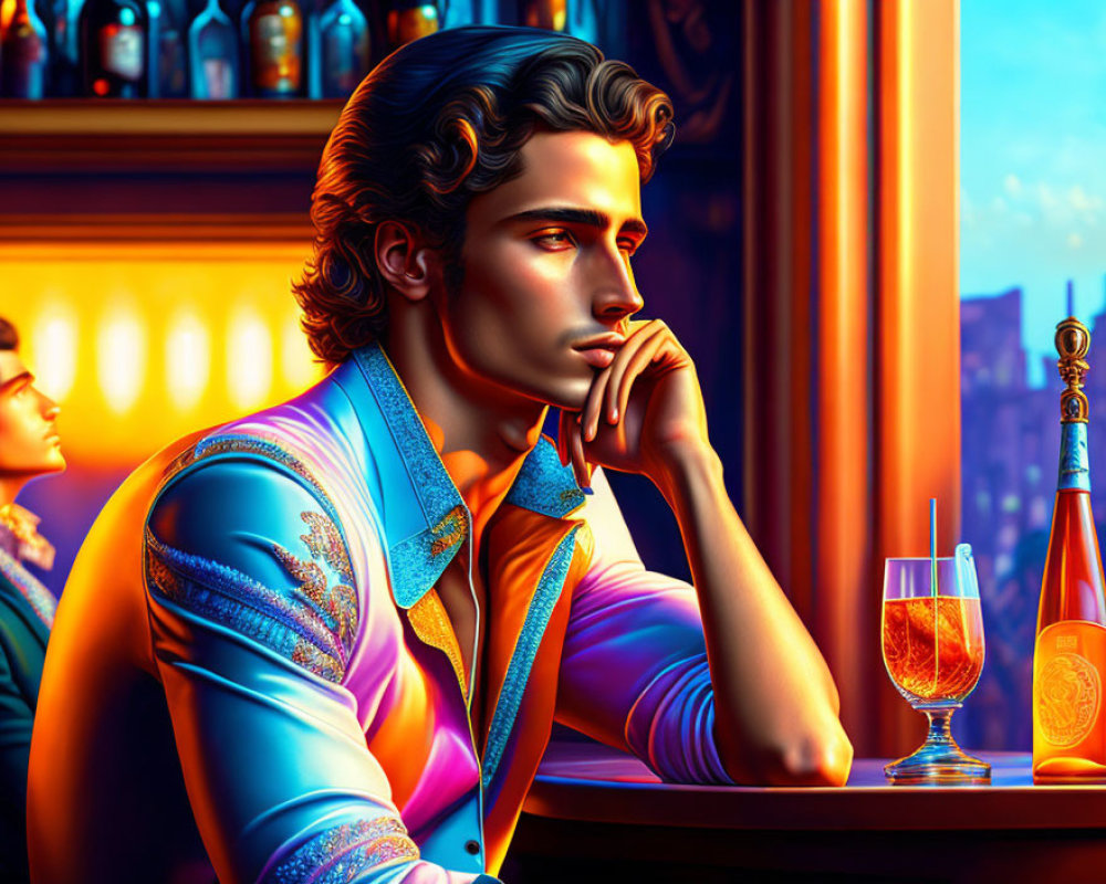 Curly-Haired Man Contemplating at Bar with City Views