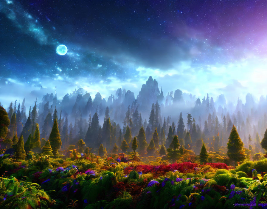 Colorful forest at twilight with moon, stars, mist, diverse flora, and jagged mountains.