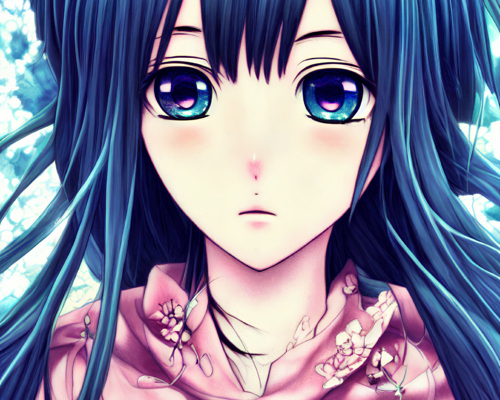 Girl with Blue Eyes and Blue Hair Surrounded by Blue Flowers and Wearing Pink Garment