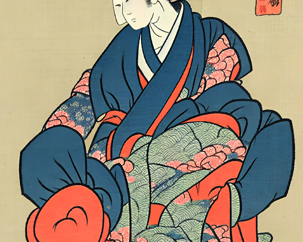 Traditional Japanese Woodblock Print of Seated Person in Vibrant Kimono