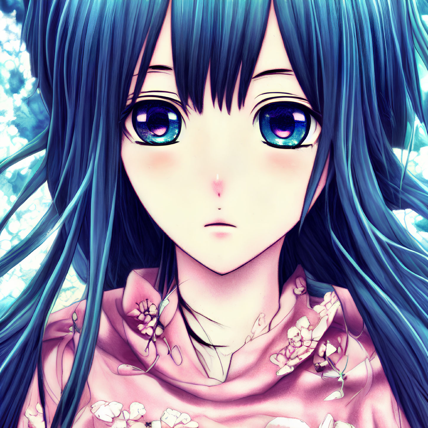 Girl with Blue Eyes and Blue Hair Surrounded by Blue Flowers and Wearing Pink Garment